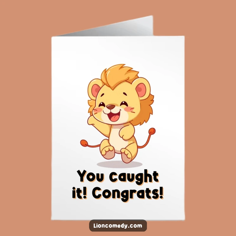 Free Printable Congrats Card: Funny Lion Cub Tail Chase - Instant Downloadable Celebration