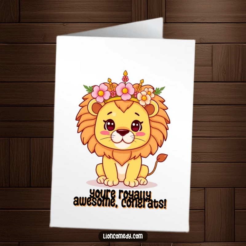 Funny Free Printable Congrats Card: A kawaii lion wearing a flower crown beams with pride for your success.