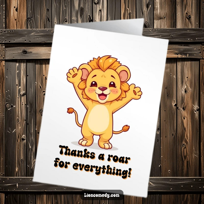 Funny Free Printable Thank You Card featuring a happy dancing lion cub with arms in the air, expressing joyous thanks.