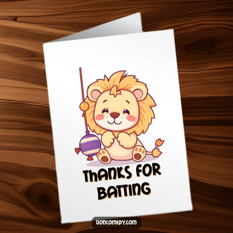 Funny Free Printable Thank You Card with a kawaii lion batting playfully at a dangling string toy, a cute way to say thanks.
