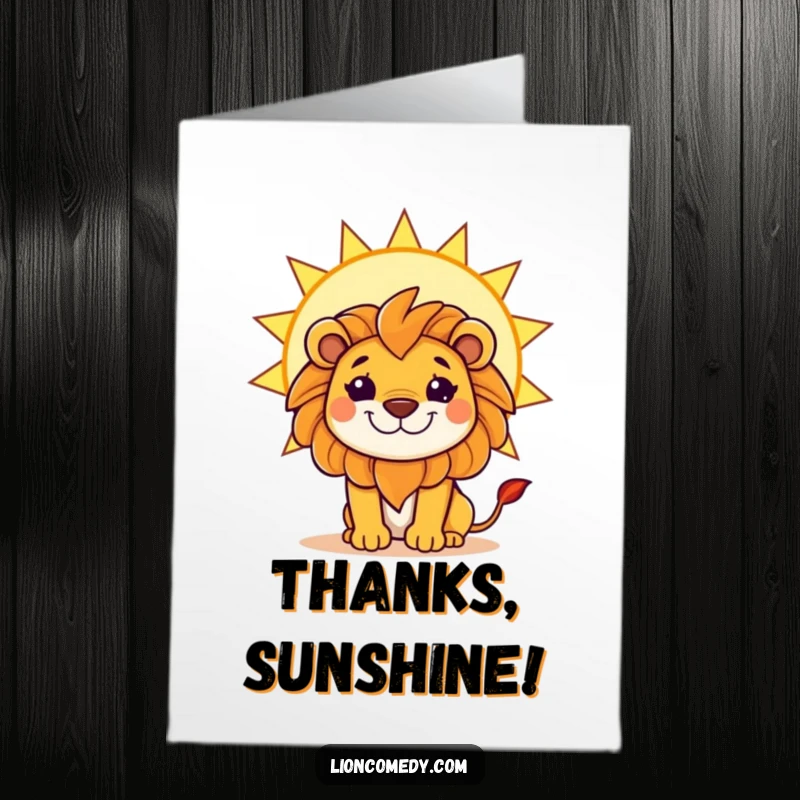 Funny Free Printable Thank You Card featuring a mischievous kawaii lion peeking from behind a large, bright sun, perfect for thanks.