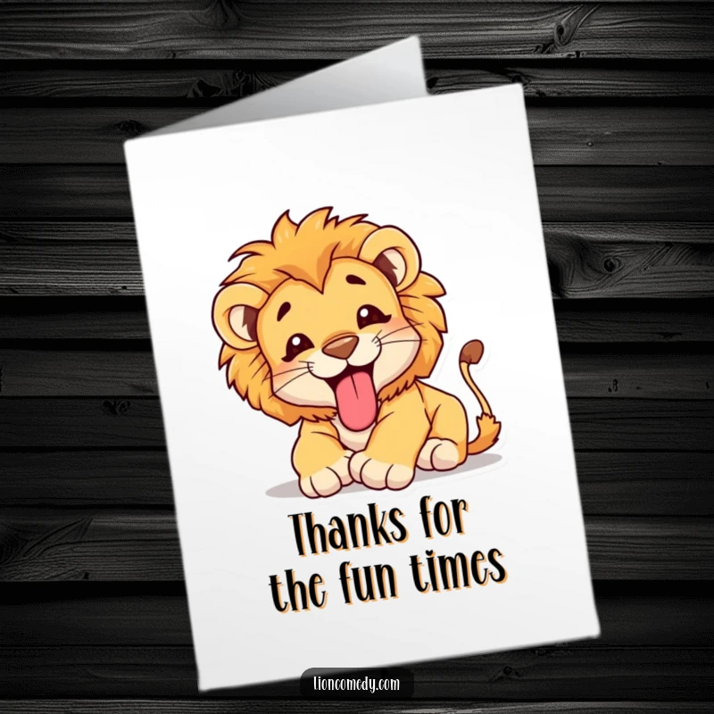 Funny Free Printable Thank You Card: A sweet lion cub with its tongue sticking out, tumbling happily.