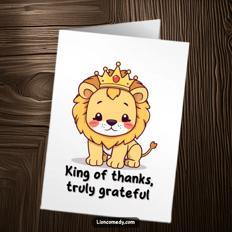 Funny Free Printable Thank You Card: A regal kawaii lion wearing a crown humorously stumbles, ideal for sending thanks with a grin.