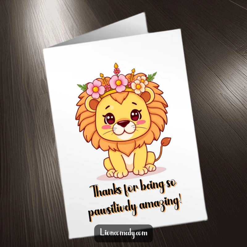 Funny Free Printable Thank You Card: A proud kawaii lion sporting a flower crown says thanks with style.