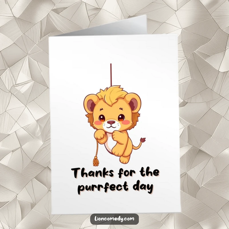 Funny Free Printable Thank You Card: Cute kawaii lion cub enthusiastically pouncing, perfect for expressing gratitude with a smile.