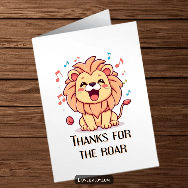 Funny Free Printable Thank You Card showcasing a kawaii lion roaring with happiness, surrounded by musical notes, conveying thanks musically.