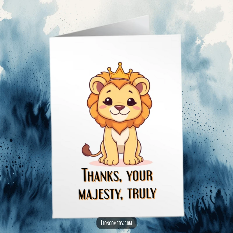 Funny Free Printable Thank You Card: A proud lion cub stands proudly with a small crown, conveying thanks with a majestic and adorable demeanor.