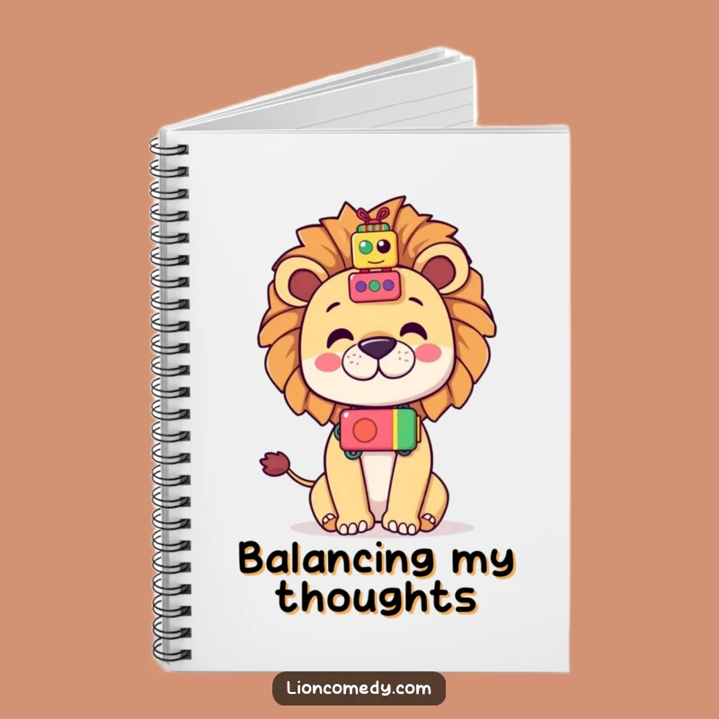 Record your thoughts with a smile using this funny notebook. It features a kawaii lion's impressive and amusing toy-balancing act.