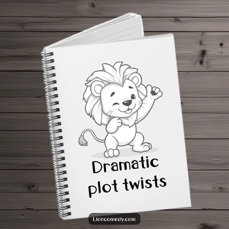 Funny kawaii lion notebook featuring a cute lion striking a dramatic pose, then hilariously tripping, perfect for jotting down ideas.