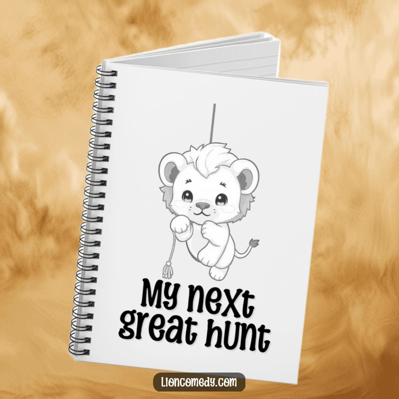 Funny kawaii lion cub notebook featuring a delightful cub playfully pouncing on a string, perfect for capturing creative ideas and daily thoughts.
