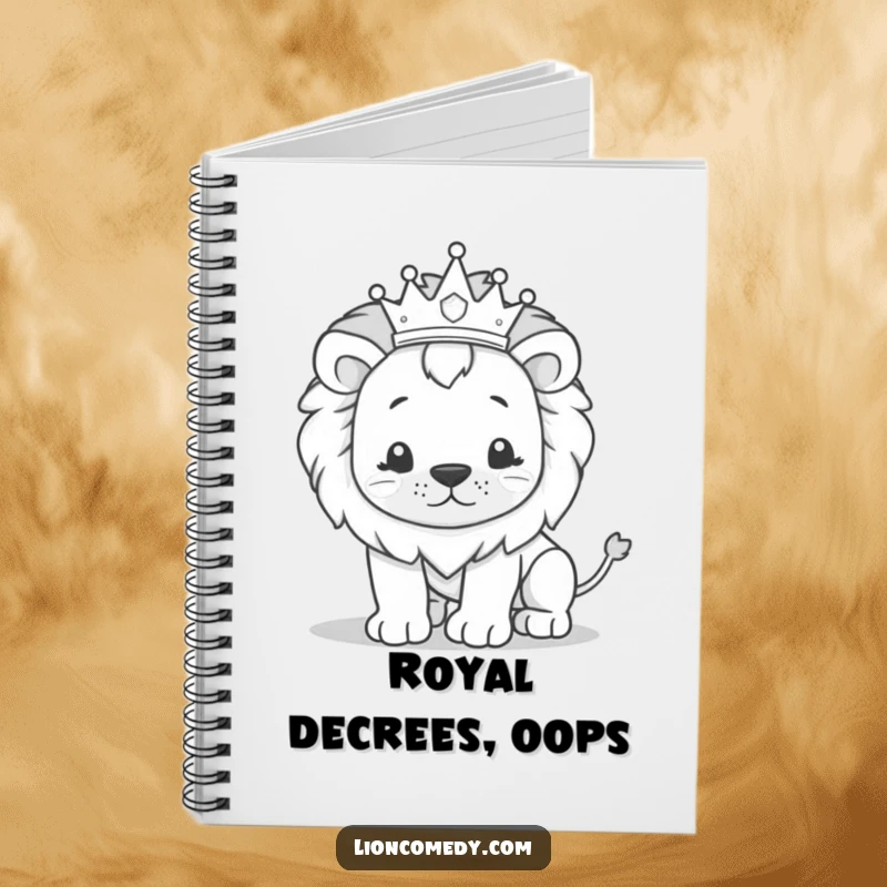 Funny kawaii lion notebook featuring a cute crowned lion looking regal, then hilariously stumbling, perfect for jotting down thoughts.