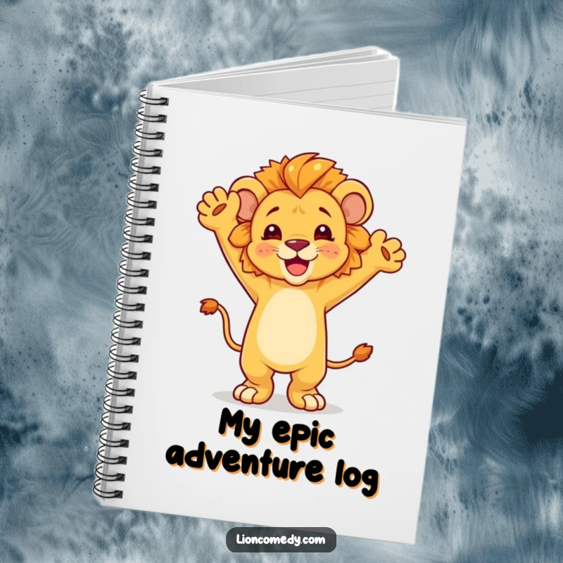 Funny dancing lion cub notebook, mid-celebration pose, ideal for jotting down notes with a smile, a joyous writing tool.
