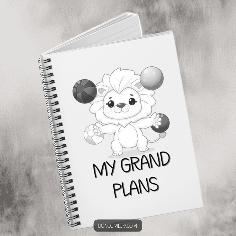 Funny kawaii lion notebook featuring a determined cub juggling three colorful balls, perfect for note-taking and idea generation.