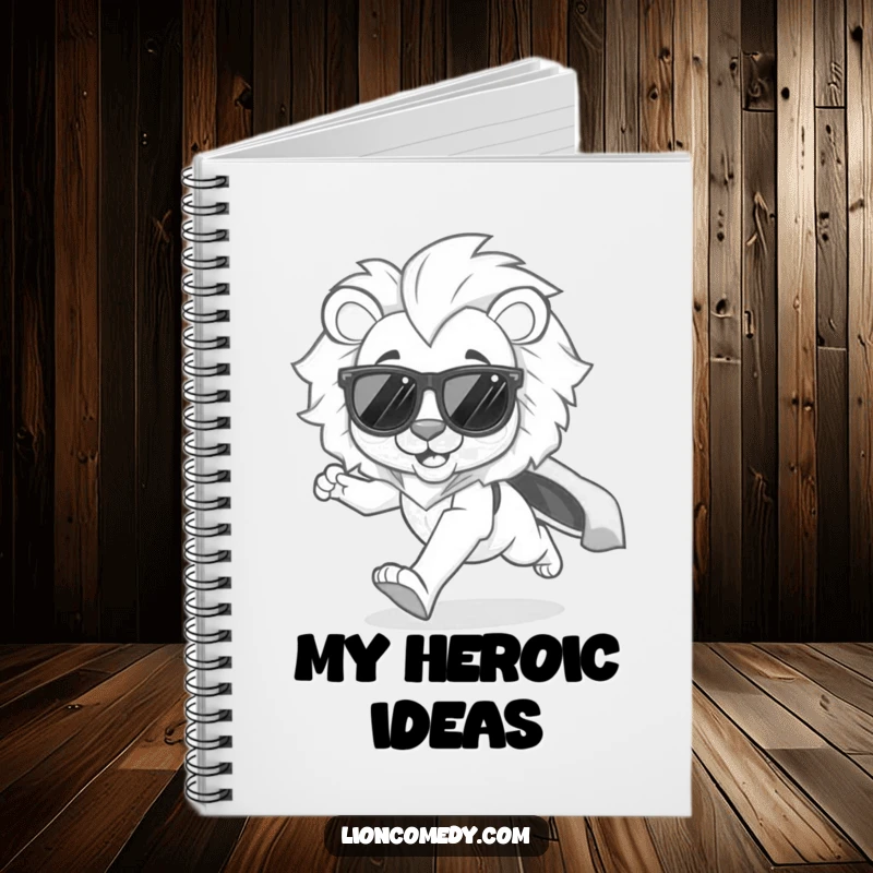 Funny kawaii lion notebook featuring a cool lion in shades, running with a cape flowing, perfect for capturing fast ideas.
