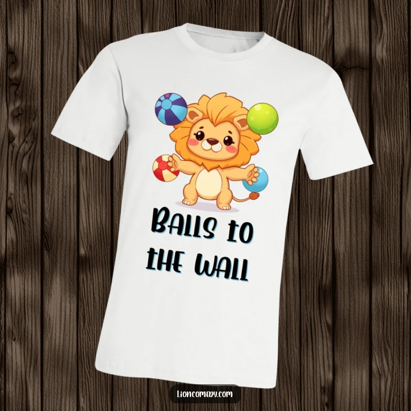 Funny kawaii lion t-shirt depicting a cute lion with a determined focus, skillfully juggling three vibrant balls.