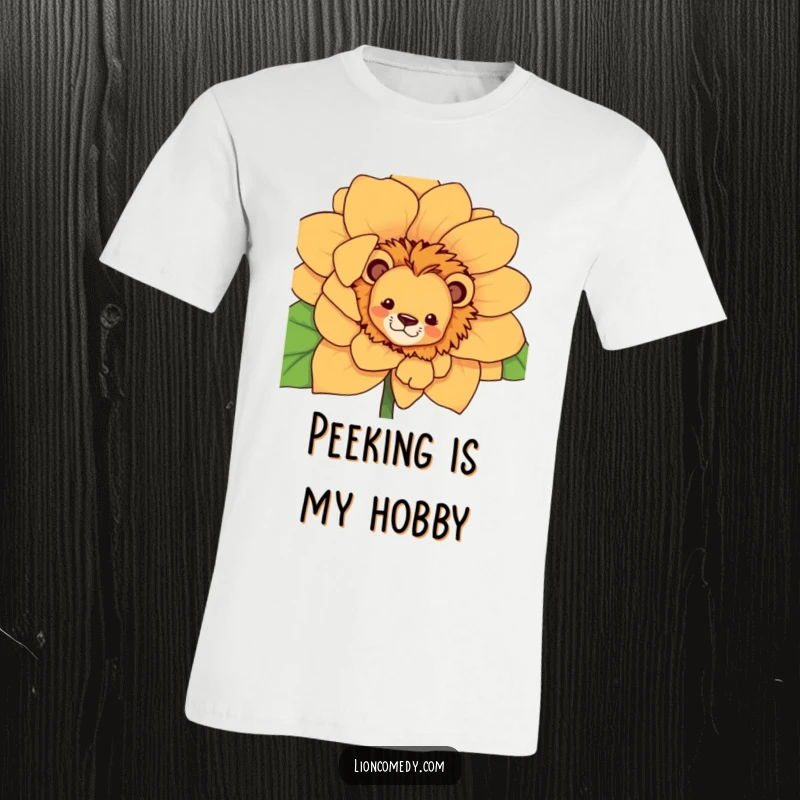 Funny curious lion t-shirt, peeking out from behind a huge flower with a mischievous glint in its eye.