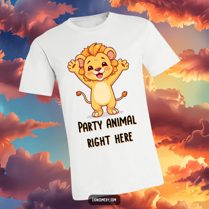 Funny dancing lion cub t-shirt, mid-celebration with arms up, full of playful energy and infectious enthusiasm, great gift.