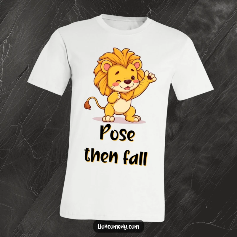 Funny kawaii lion t-shirt depicting a cute lion striking a dramatic pose, followed by a comical trip over its feet.