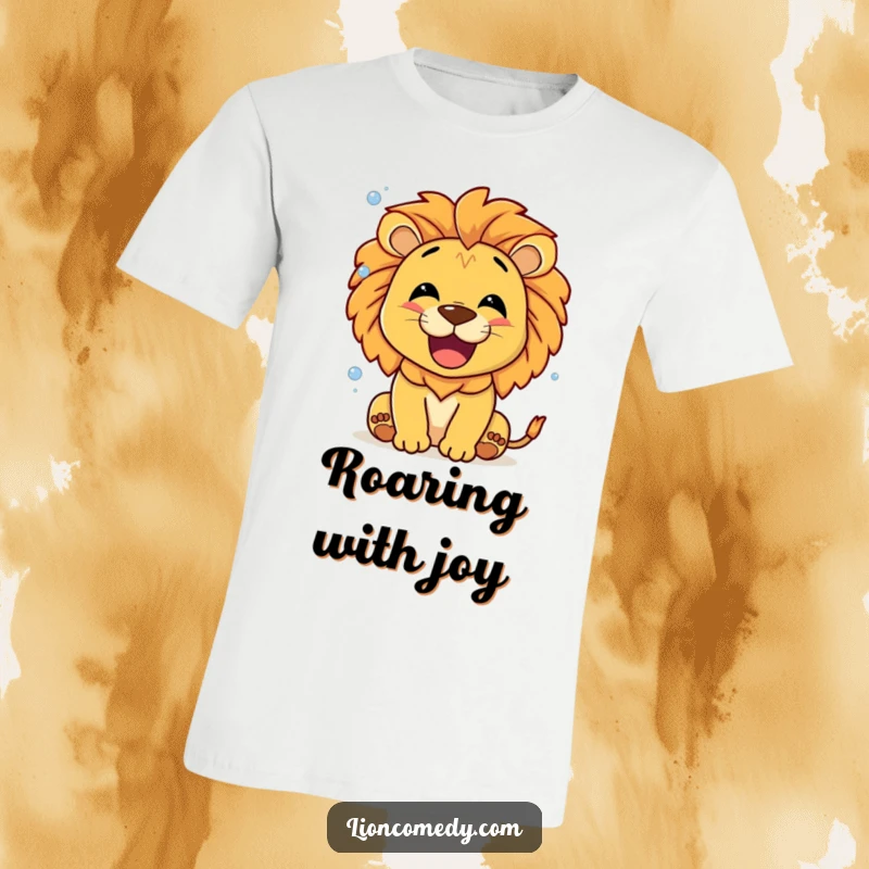 Funny Happy Roar Lion T-Shirt, a smiling lion roaring with joy, releasing a stream of tiny, delightful bubbles.