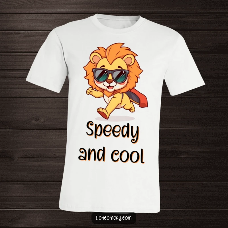 Funny kawaii lion t-shirt depicting a cool lion in shades, joyfully running with a cape flowing dramatically behind.
