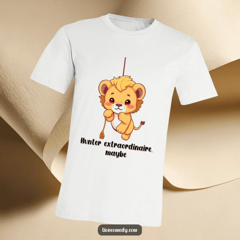 Funny kawaii lion cub t-shirt featuring an adorable, fluffy cub in mid-pounce, playfully attacking a dangling string with boundless energy.