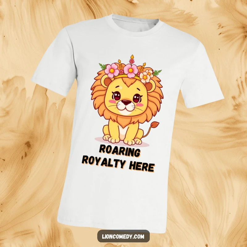 Funny Kawaii Lion T-Shirt, proudly balancing a blooming flower crown, showcasing regal majesty and a playful spirit, perfect for animal fans.