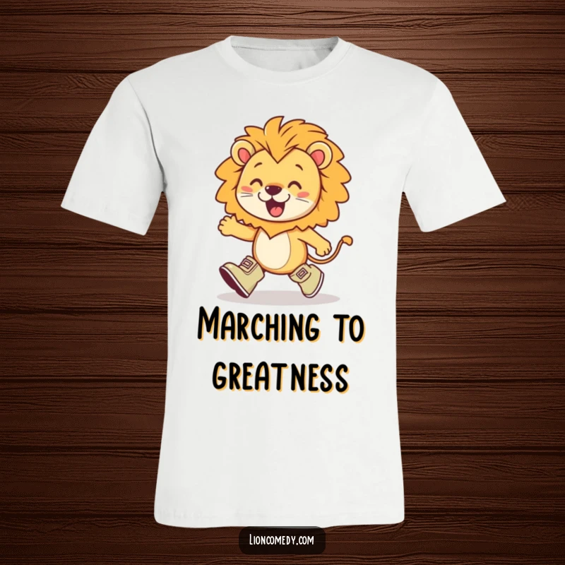 Funny kawaii lion wearing tiny boots, marching with exaggerated enthusiasm, exuding confidence and a sense of purpose on a t-shirt.