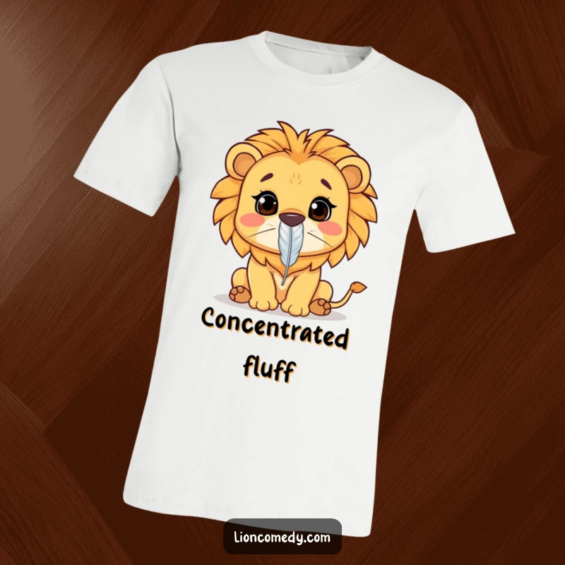 Funny Kawaii lion t-shirt featuring a lion intensely focused on balancing a feather on its nose. Hilarious concentration.