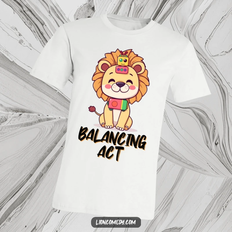 Funny Kawaii Lion T-Shirt: Cartoon lion balancing a pile of toys on its nose, a hilarious and playful gift.