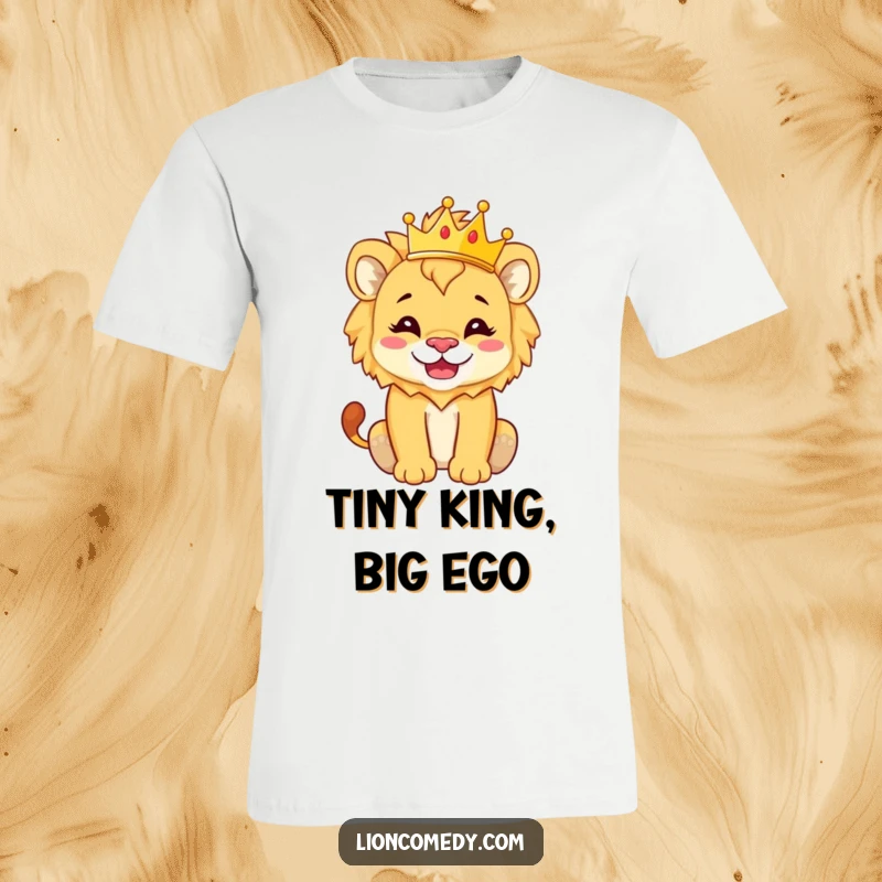Funny T-Shirt featuring a lion cub with a silly grin, sporting a tiny crown, looking hilariously regal.