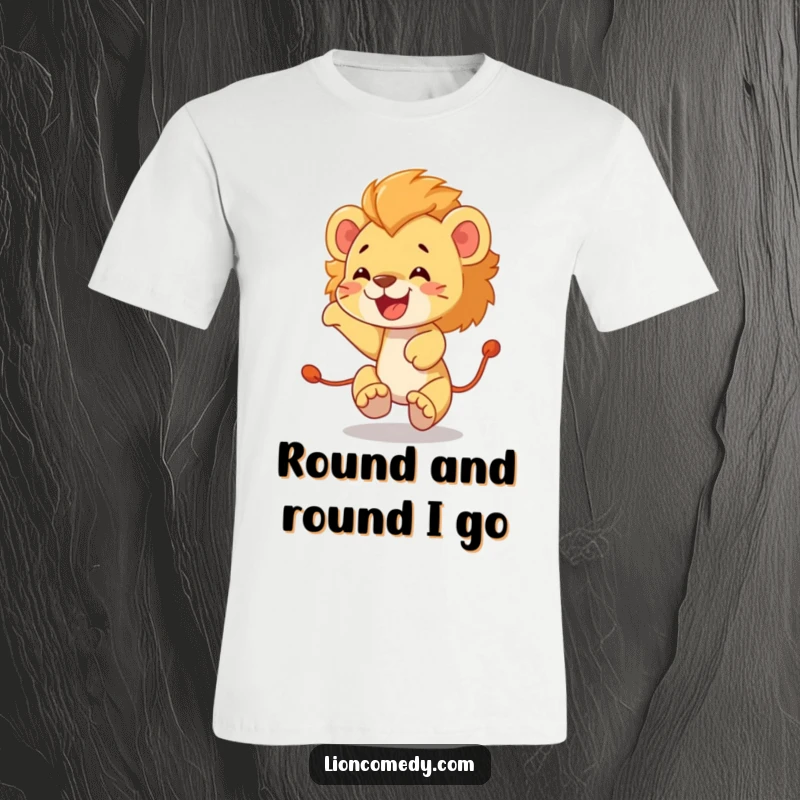 Funny lion cub t-shirt showing a happy cub spinning in circles, joyfully chasing its own tail with boundless energy.