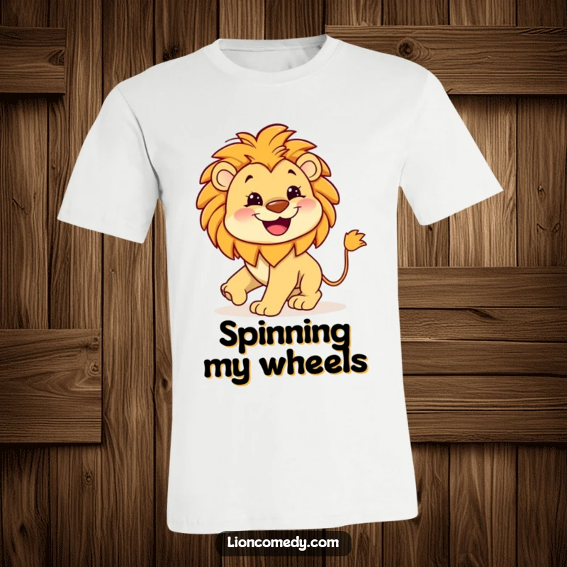 Funny Lion Tail T-Shirt displaying a cute kawaii lion with a wide grin, hilariously chasing its own tail, a fun graphic tee.