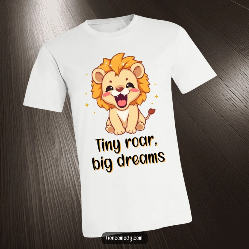 Funny T-Shirt: A roaring lion cub with tiny stars and sparkles around its mane, showcasing playful bravery.