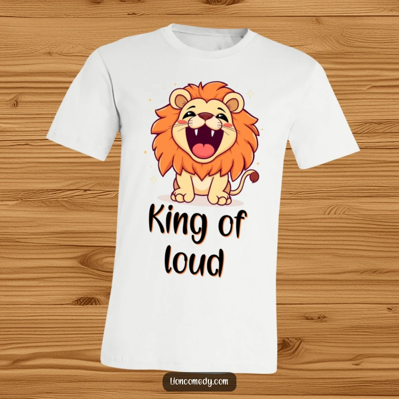 Funny kawaii lion roaring with exaggerated joy, sparkling background, capturing a moment of pure, ecstatic happiness on a t-shirt.