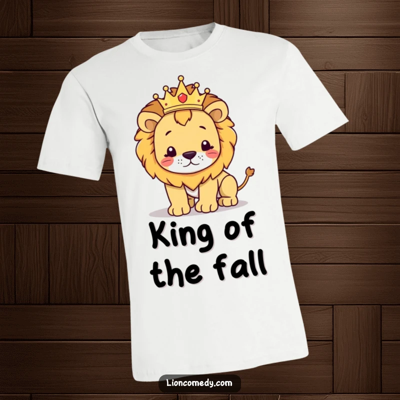 Funny kawaii lion t-shirt featuring a cute crowned lion looking regal, followed by a comical stumble, blending majesty with humor.