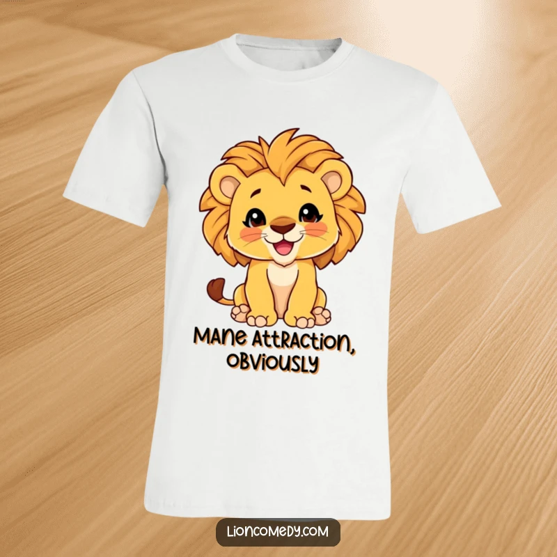 Funny T-Shirt with a playful lion cub chest puffed out, proud mane, and a happy, confident expression for great laughs.