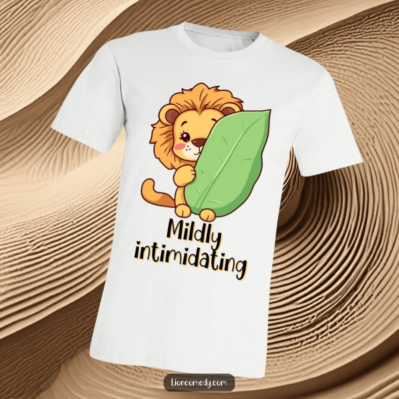 Funny Kawaii lion t-shirt featuring a cute lion hiding behind a large leaf, peeking out playfully. Hilarious and adorable.