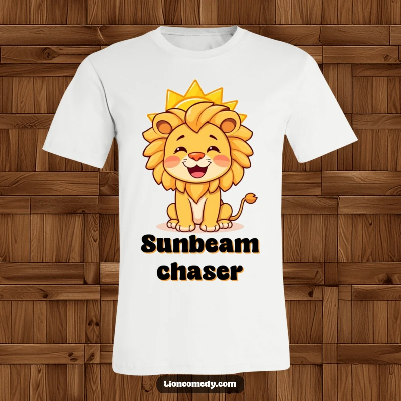 Funny t-shirt featuring a jubilant lion artistically balancing a vibrant yellow sun on the tip of its nose.