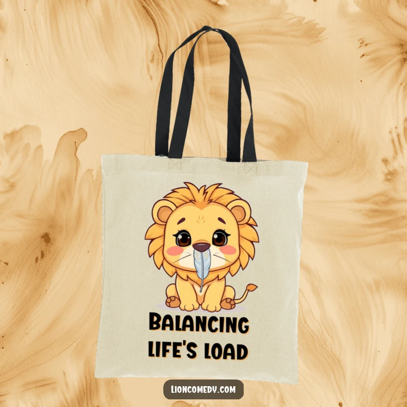 Funny Kawaii lion tote bag featuring a lion concentrating on balancing a feather on its nose. A humorous and practical accessory.