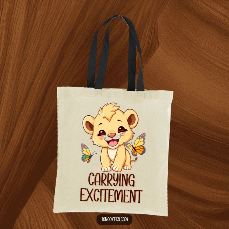 Funny Lion Cub Butterfly Tote Bag, a cute lion cub with a wide grin, chasing a butterfly, perfect for carrying items.