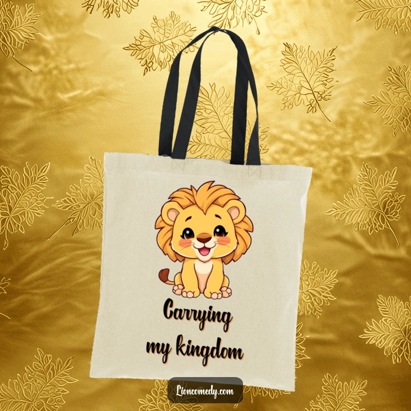 Funny Tote Bag featuring a proud lion cub with its chest out and a magnificent mane, ready for any adventure.