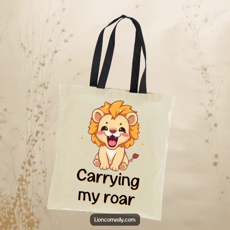Funny Tote Bag: A roaring lion cub with tiny stars and sparkles around its mane, perfect for carrying essentials.