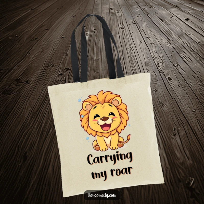 Funny Roaring Lion Bubbles Tote Bag, a smiling lion roaring happily and releasing tiny bubbles, perfect for carrying items.