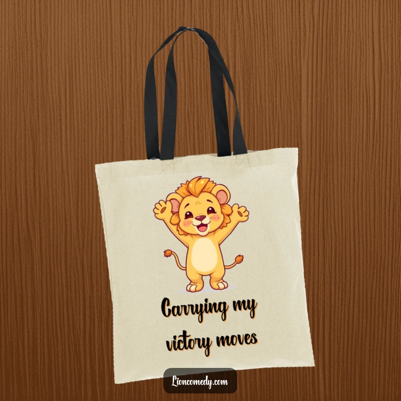 Funny dancing lion cub tote bag, joyfully celebrating with arms in the air, practical and stylish, great for shoppers.