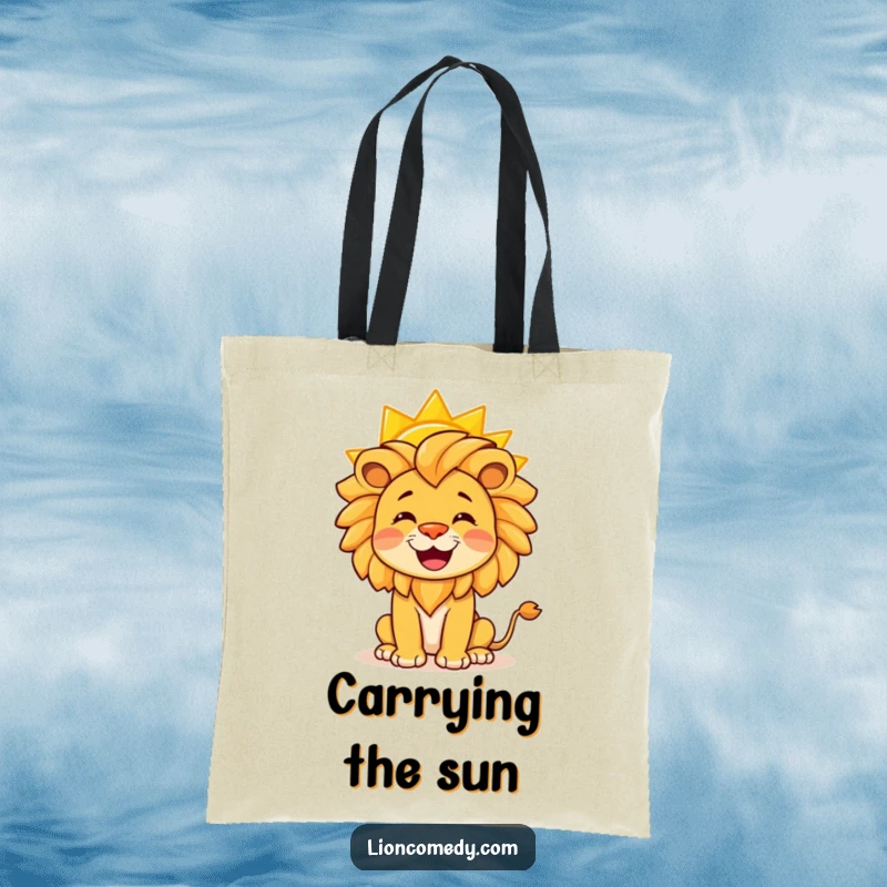 Funny tote bag depicting a joyful lion skillfully balancing a large, bright yellow sun on its nose.