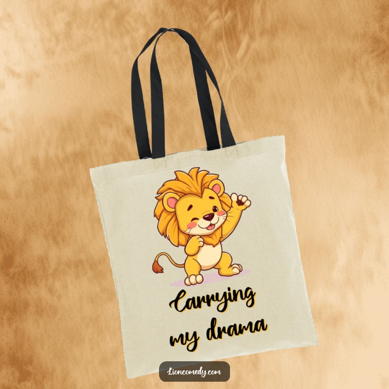 Funny kawaii lion tote bag showing a cute lion striking a dramatic pose, then hilariously tripping over its feet.