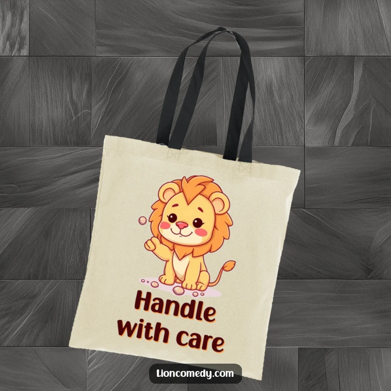 Funny kawaii lion cub with a curious head tilt, juggling shiny pebbles, on a stylish and practical tote bag.