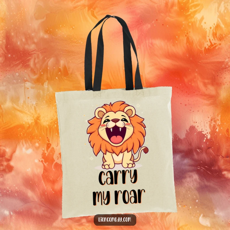 Funny kawaii lion roaring with exaggerated joy, sparkling background, making a statement about happiness and energy on a tote bag.