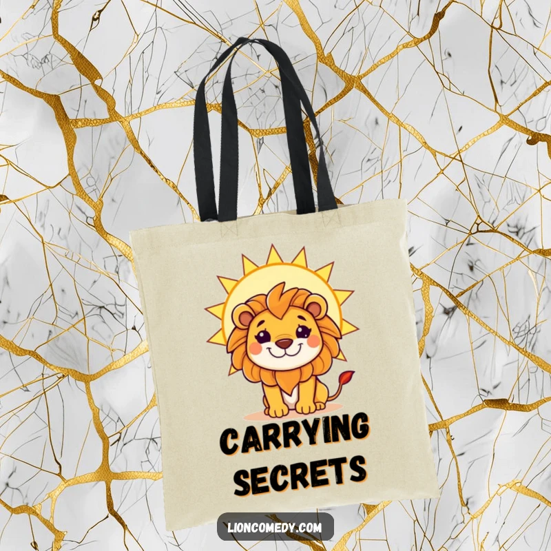 Funny tote bag featuring a kawaii lion with a mischievous grin, hiding behind a large, bright sun.