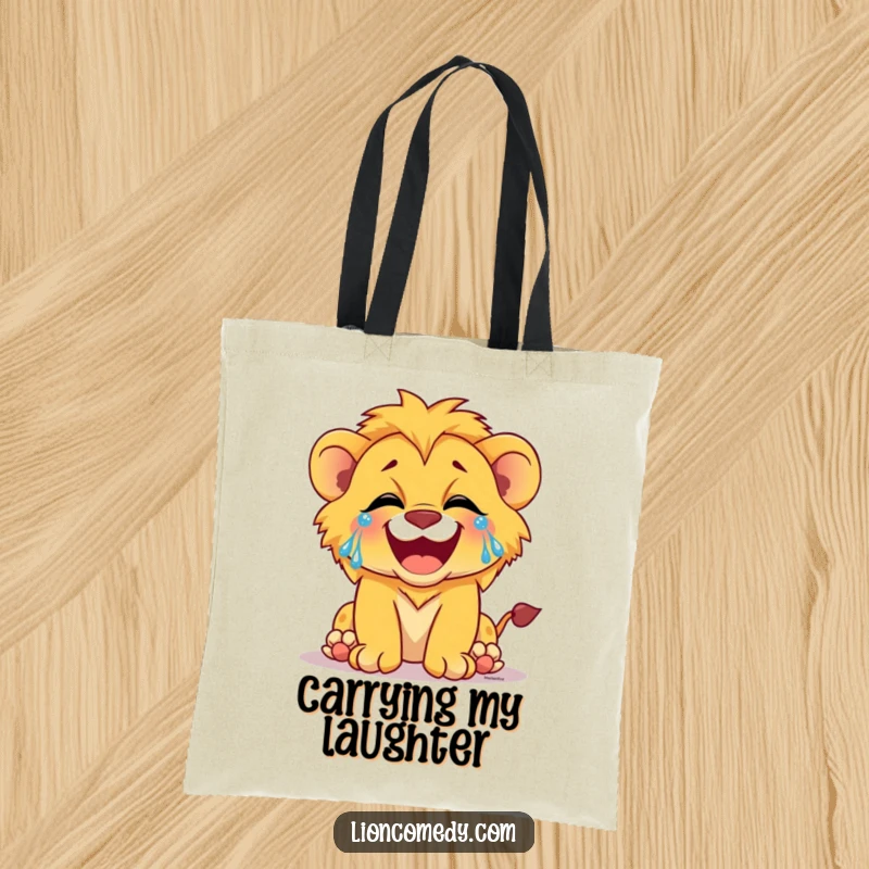 Funny tote bag featuring a lion cub laughing with tears of joy, ideal for carrying happy essentials.